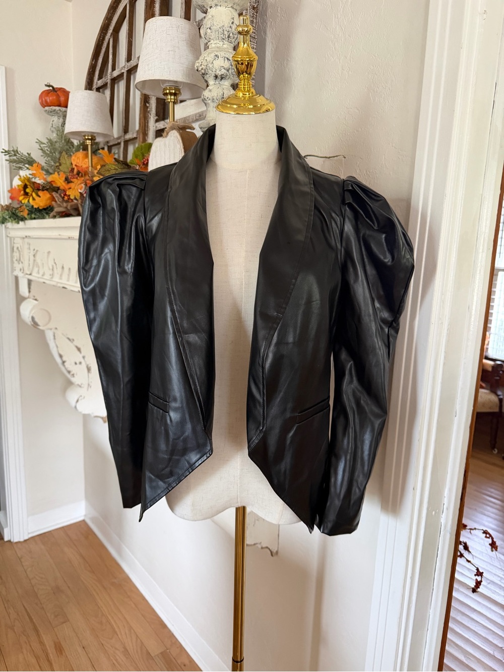 Black Faux Leather Puff-Sleeve Blazer Jacket